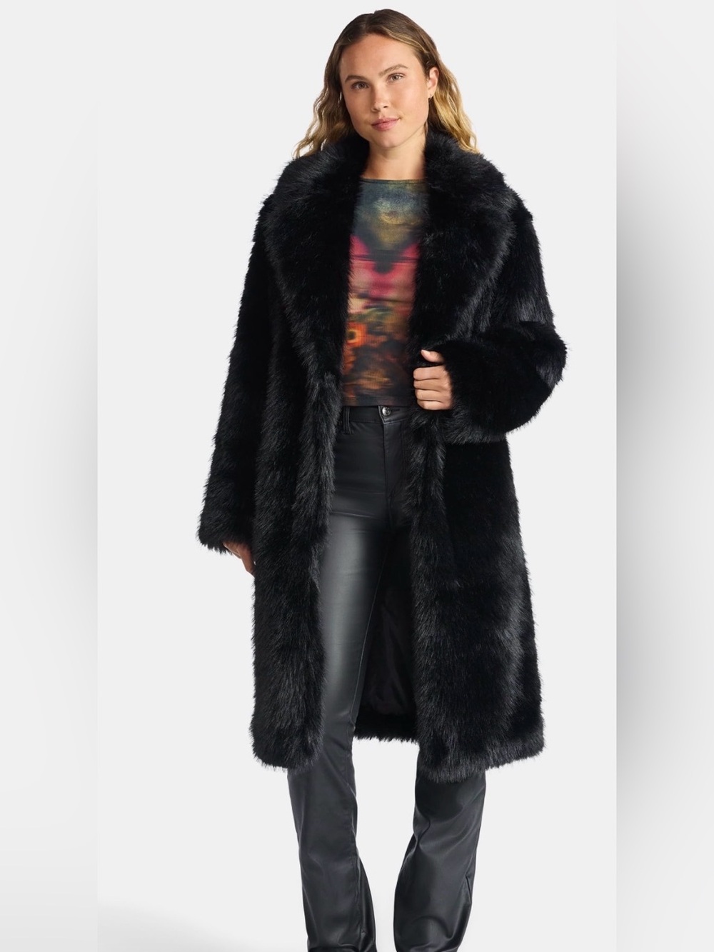 NWT Madden NYC Black Faux Fur Long Coat - Women's Chic Winter Cape- S/M